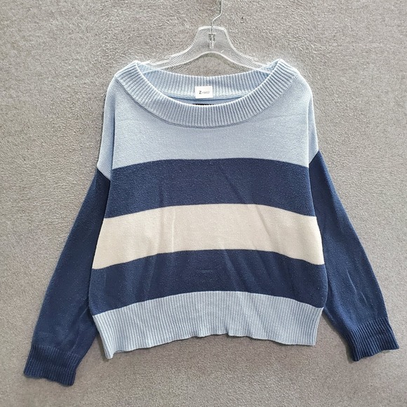 Lucky Brand Women Sweater Medium Blue Striped Long Sleeve Scoop Knit Pullover - Picture 1 of 9